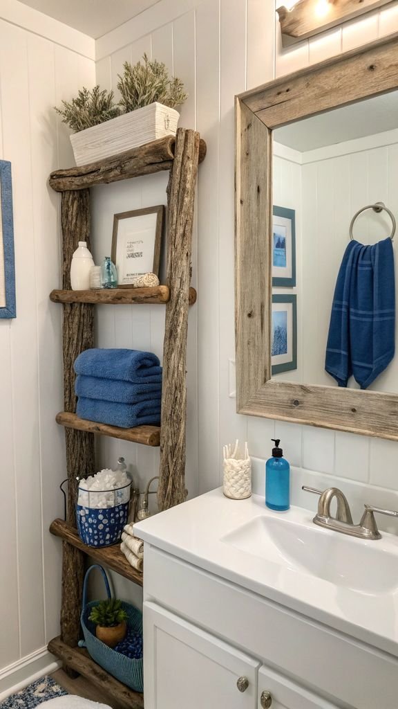 a bathroom with driftwood shelves and a mirror frame, white walls, and blue accents.