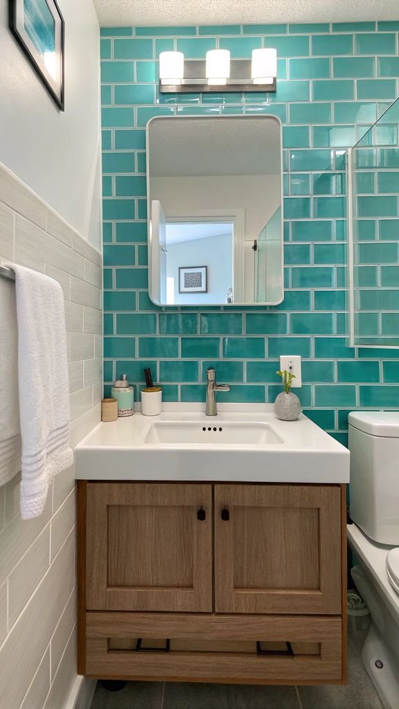 a bathroom with a turquoise glass tile backsplash.