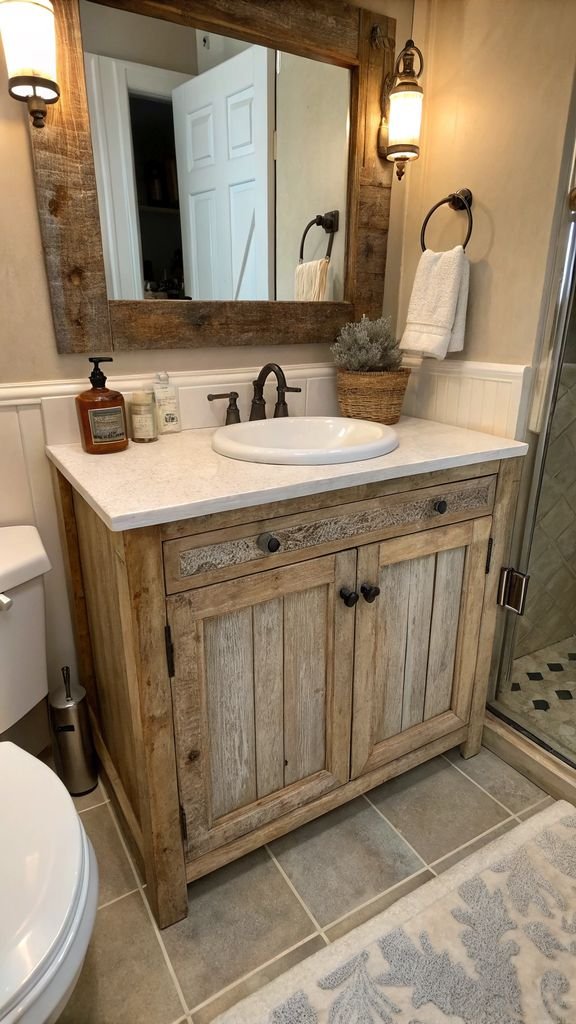 a bathroom with a sun-bleached wood vanity.