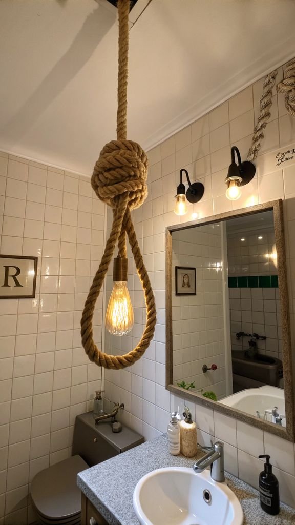 a bathroom with a rope-wrapped pendant light.