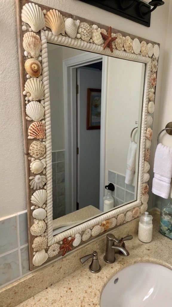 a bathroom mirror with a frame decorated with seashells.