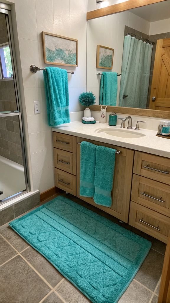 a bathroom with turquoise towels and a matching bath mat.