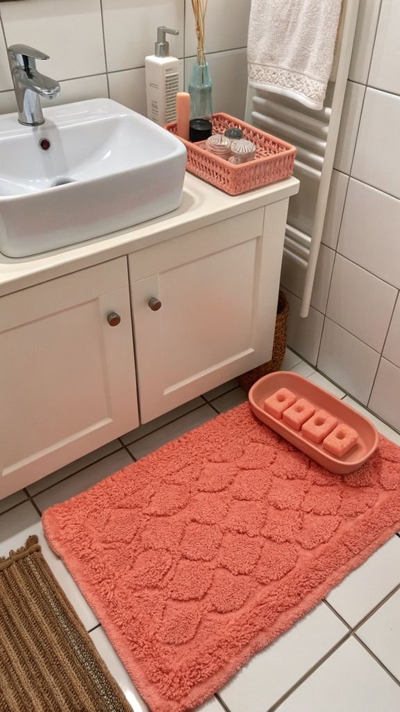 a bathroom with a coral-colored rug and coral-shaped soap dish.