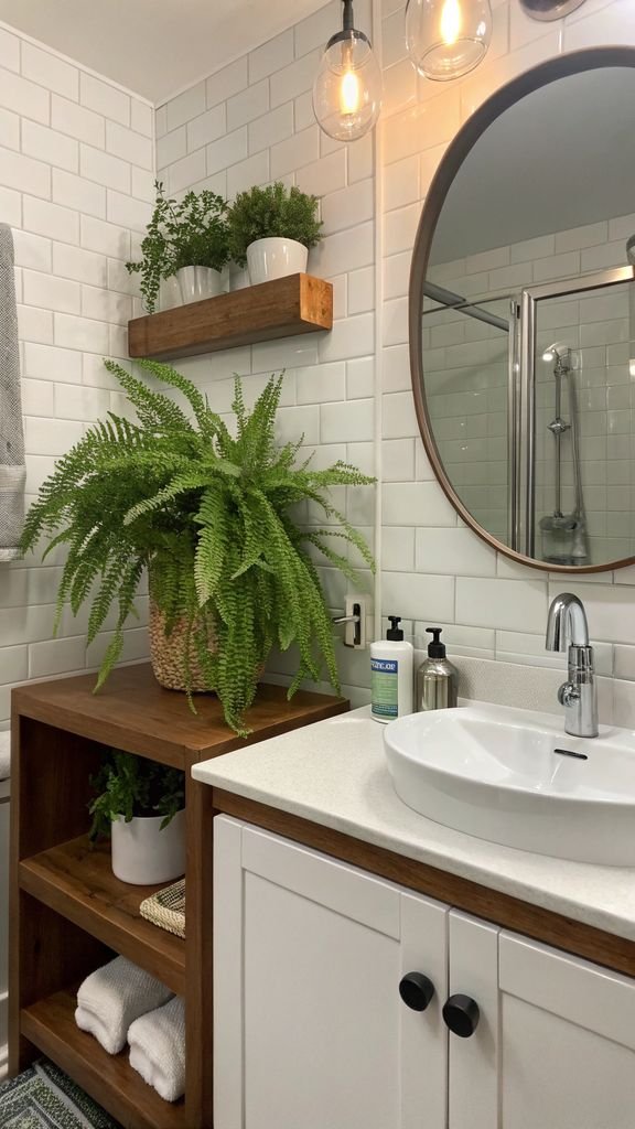 a bathroom with a potted fern on a shelf.
