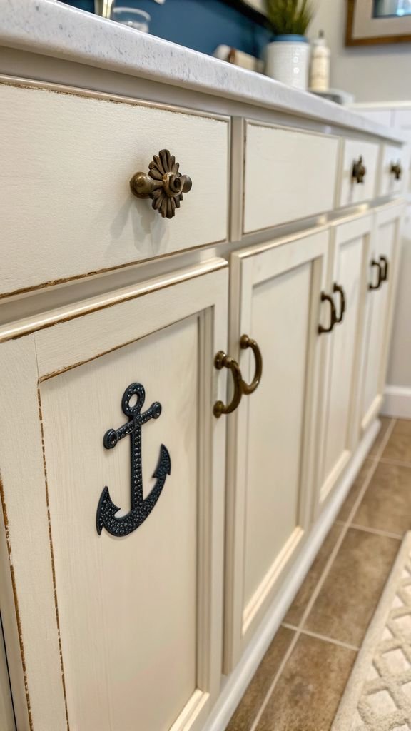 a bathroom cabinet with anchor-shaped knobs.