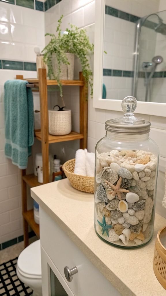 a bathroom with a jar filled with seaglass on a shelf.