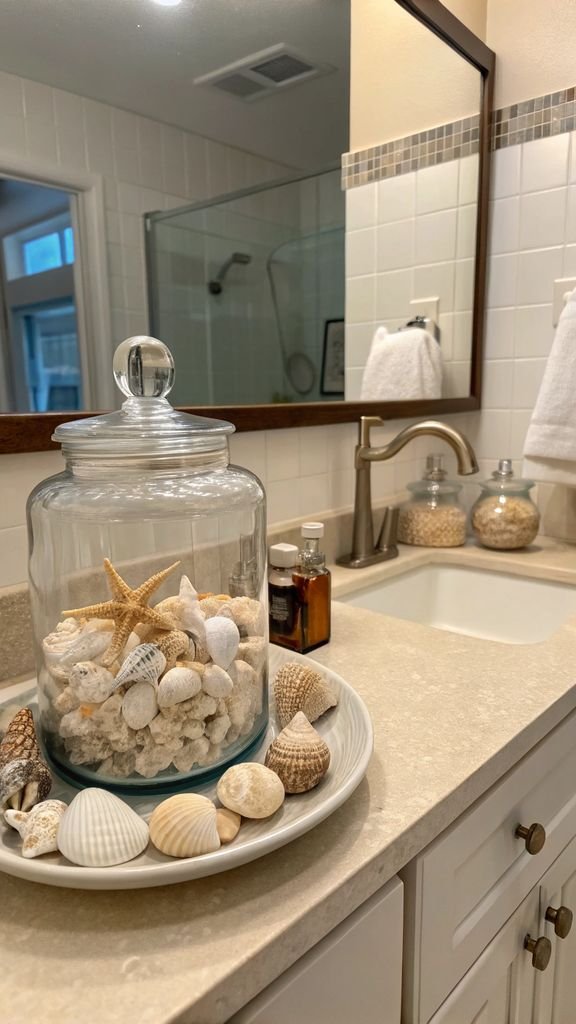 a bathroom with seashells arranged in a glass jar on a vanity.