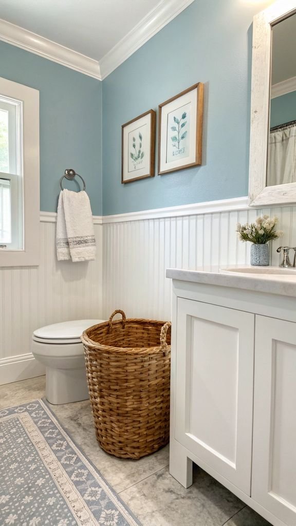 a bathroom with light blue walls, white trim, and a wicker basket.