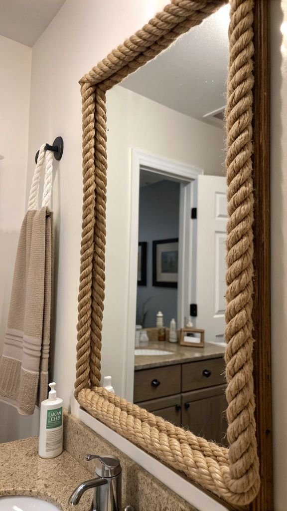 a bathroom mirror framed with thick rope.