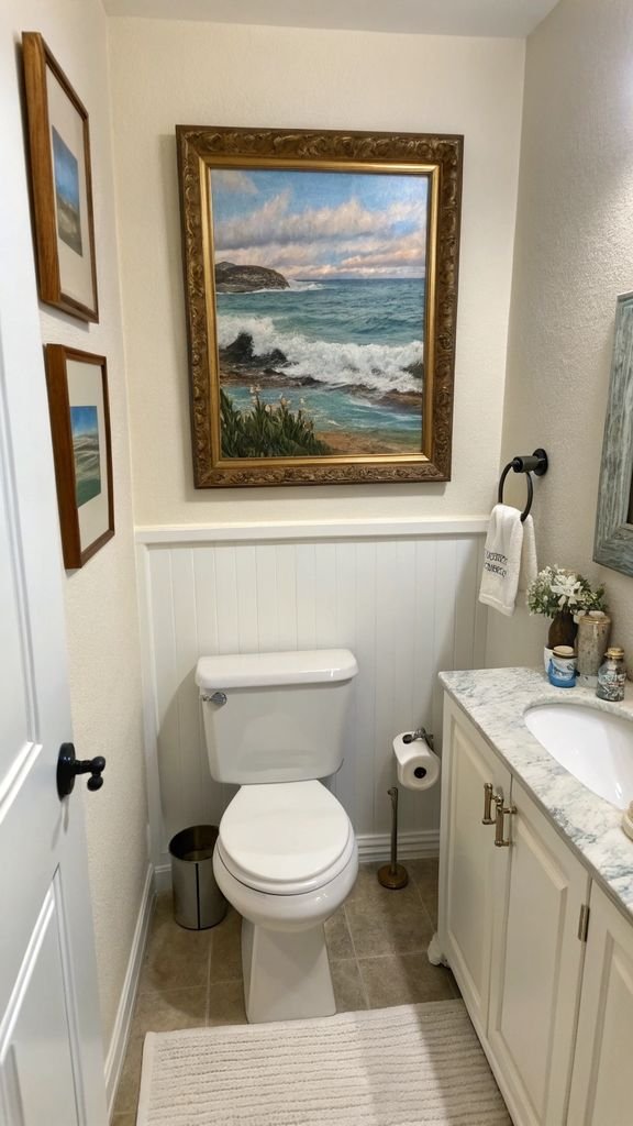 a bathroom with a framed painting of a seascape above the toilet.