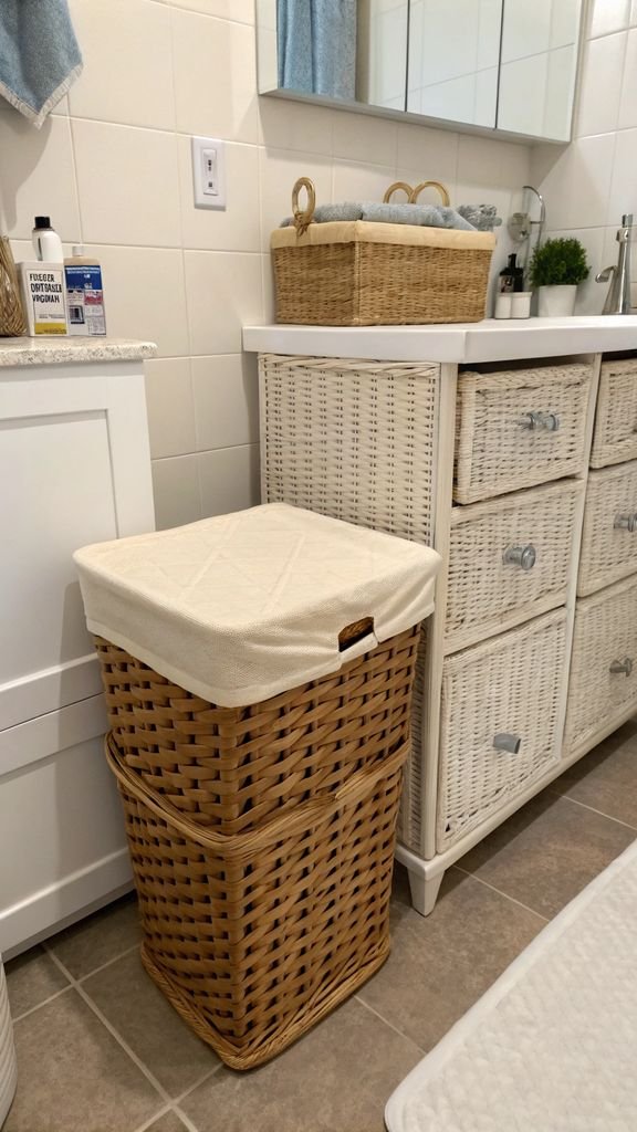 a bathroom with a wicker laundry hamper and matching storage baskets.