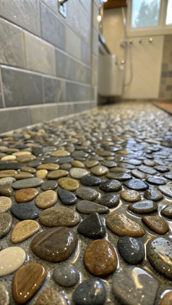 a shower floor made of smooth pebbles.